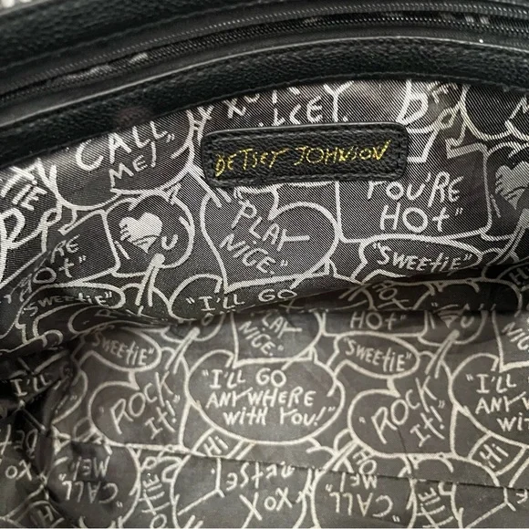 Betsey Johnson Black Quilted Rose Shoulder Tote Bag Black White Pink Bow Large - Picture 6 of 13